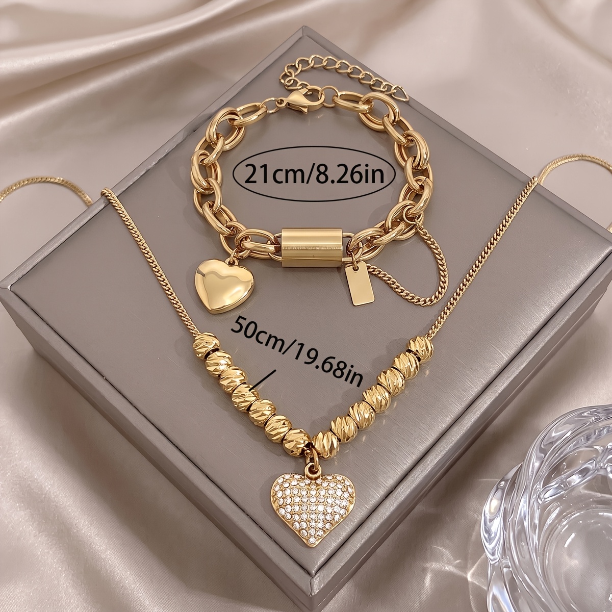 2pcs Elegant 18K Gold Plated Heart Bracelet & Necklace Set, Romantic Gift